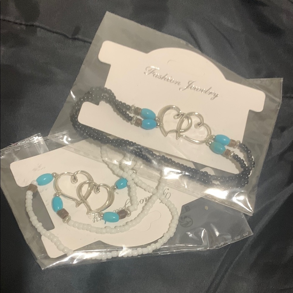 2 PCs. Fashion Jewelry Heart Bracelet Set - Black, White, and Blue